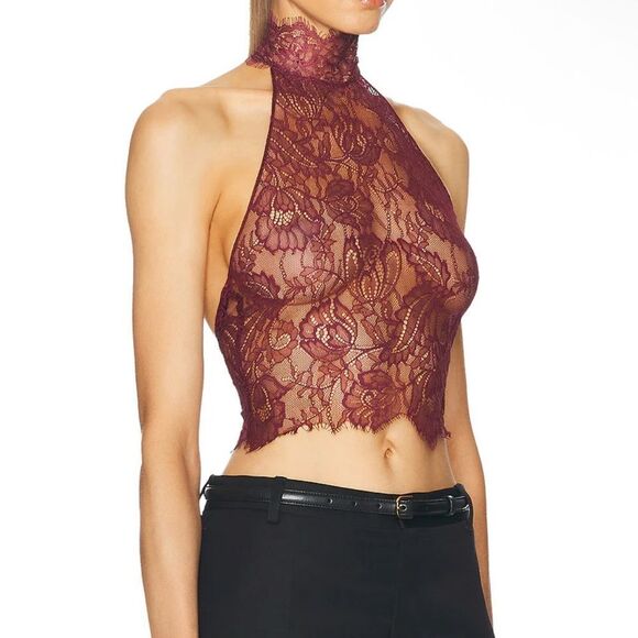 Elegant Lace Halter Top - Burgundy - Picture 2 of 4